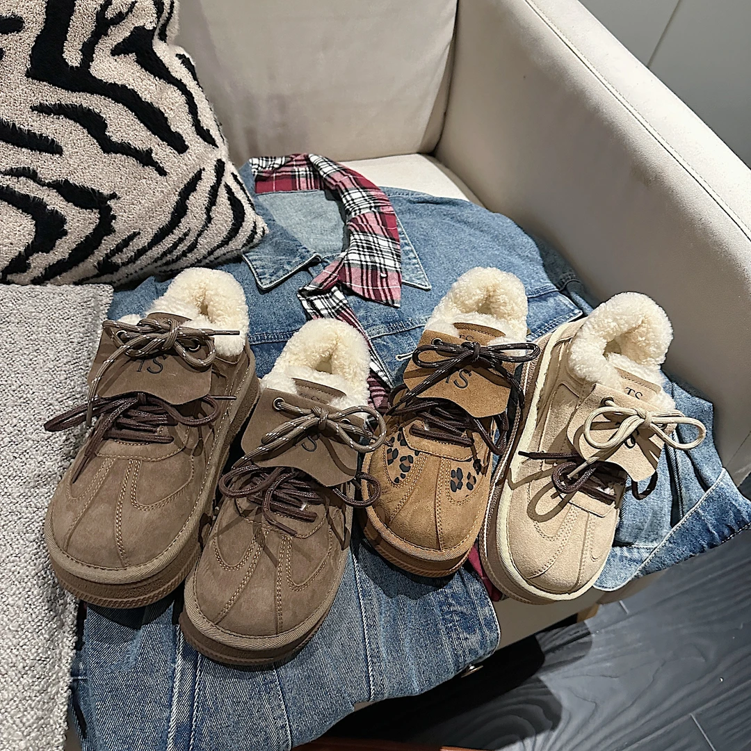 TS休闲鞋2024秋冬新款时尚百搭圆头系带毛毛鞋