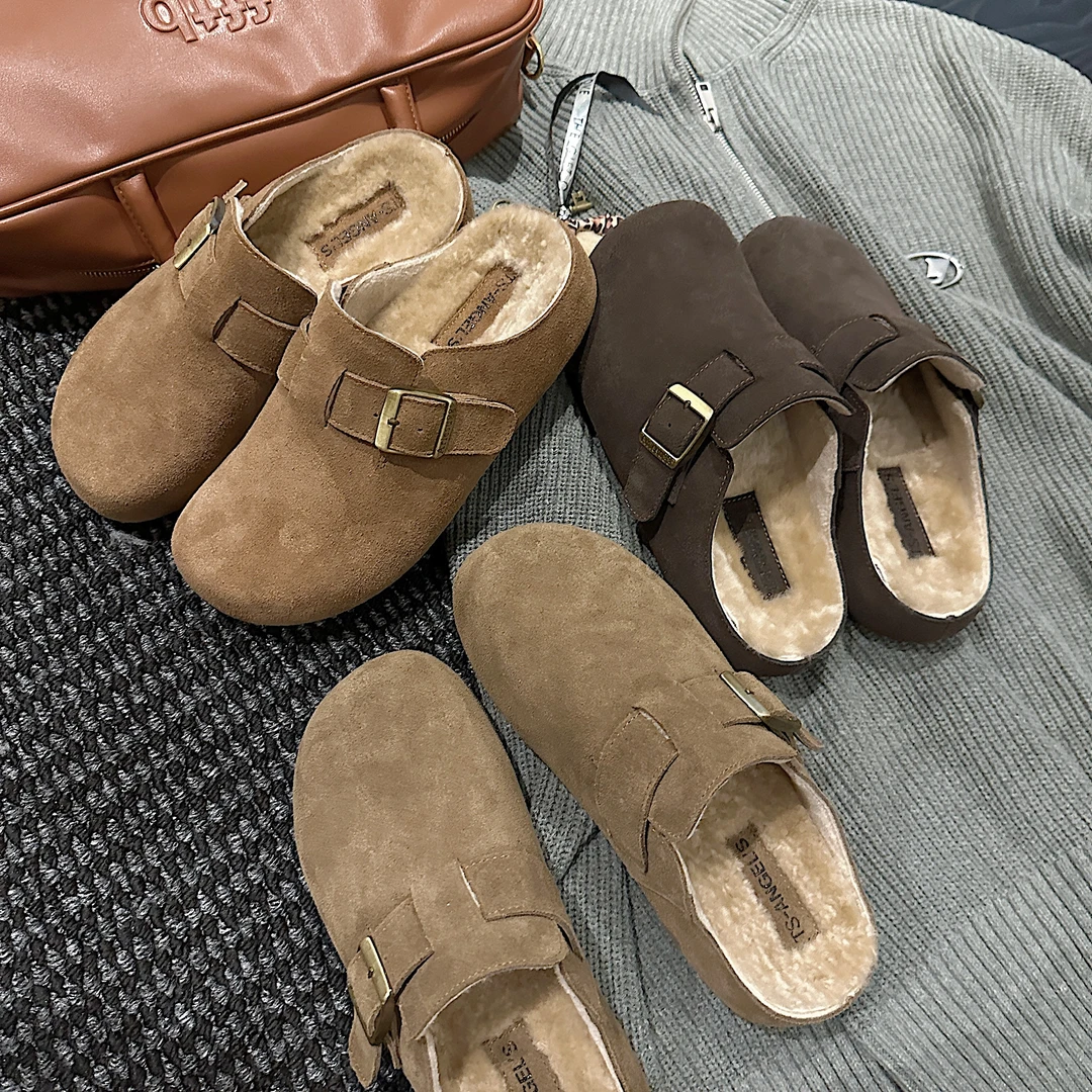 TS单鞋2024秋季新款羊羔毛包头半拖鞋女一脚蹬棉拖鞋毛毛勃肯鞋