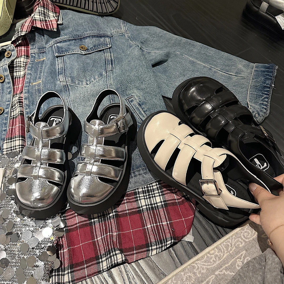 TS/TS时尚凉鞋2024新款休闲百搭罗马包头编织平底凉鞋