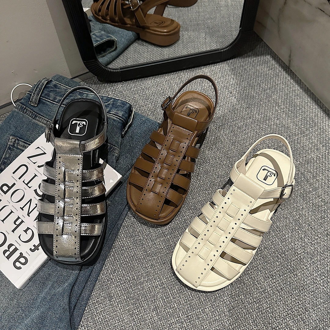 TS编织包头凉鞋女2024ins平底罗马凉鞋