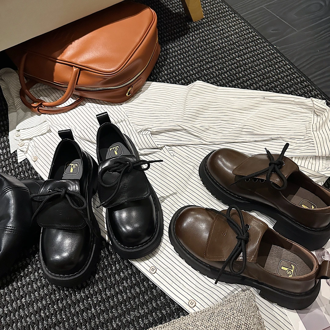 TS/TS单鞋2024秋季爆款真皮圆头系带复古日系百搭乐福鞋