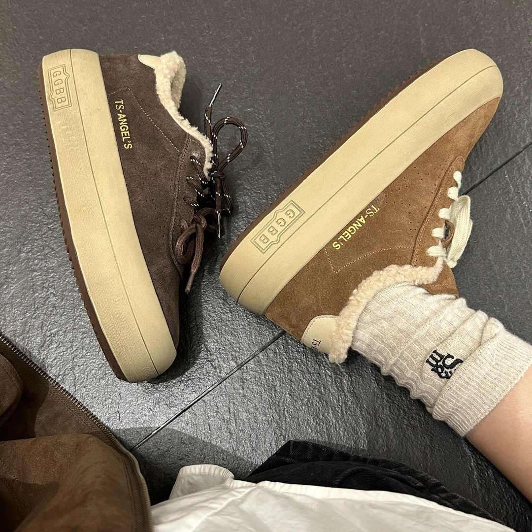 TS休闲鞋2024潮流百搭毛毛圆头系带美拉德大头丑萌德训板鞋