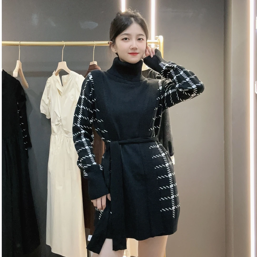 法式赫本风假两件拼接毛衣裙遮肉显瘦小众设计款