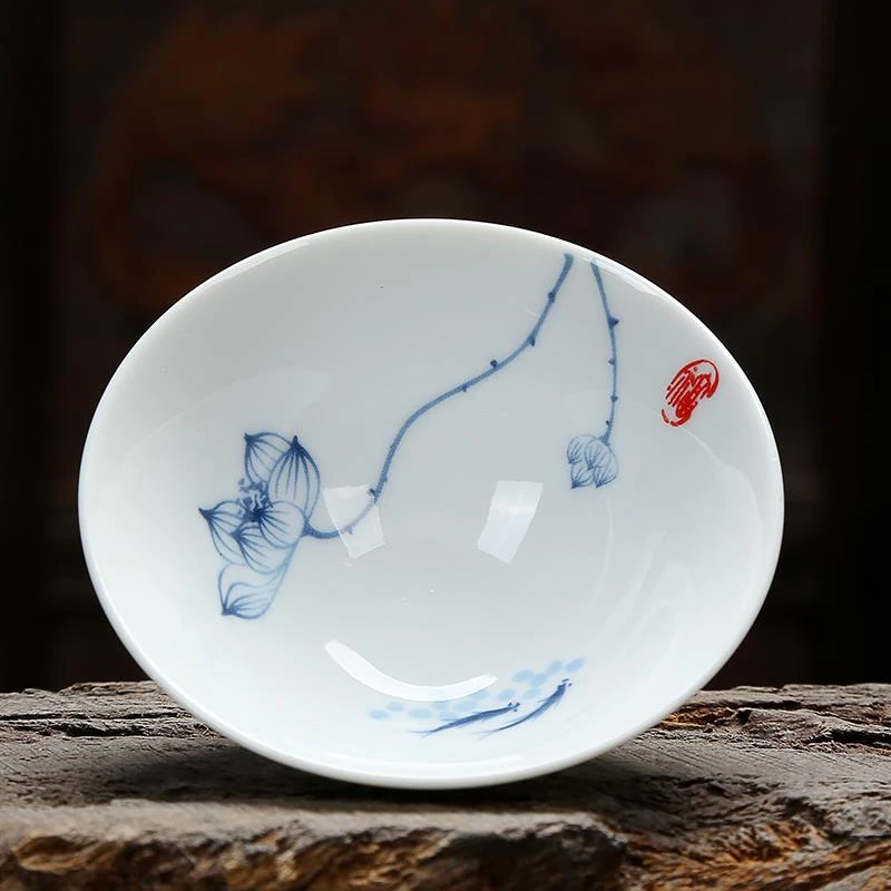 德化青花瓷功夫茶杯复古斗笠主人杯家用普洱茶具大号普洱杯日式