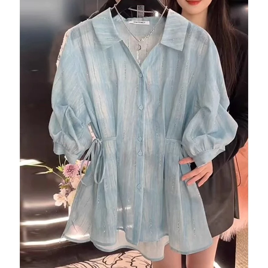 法式蓝色晕染衬衫女2025夏季新款系带收腰显瘦泡泡袖纽扣开衫上衣