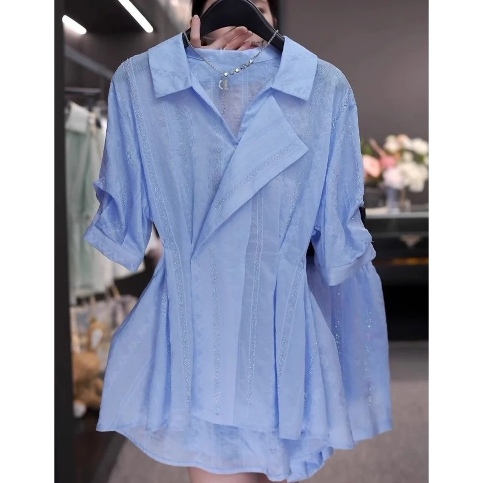 2025重工烫钻小众设计衬衫套装女高级感收腰显瘦肌理感时尚两件套