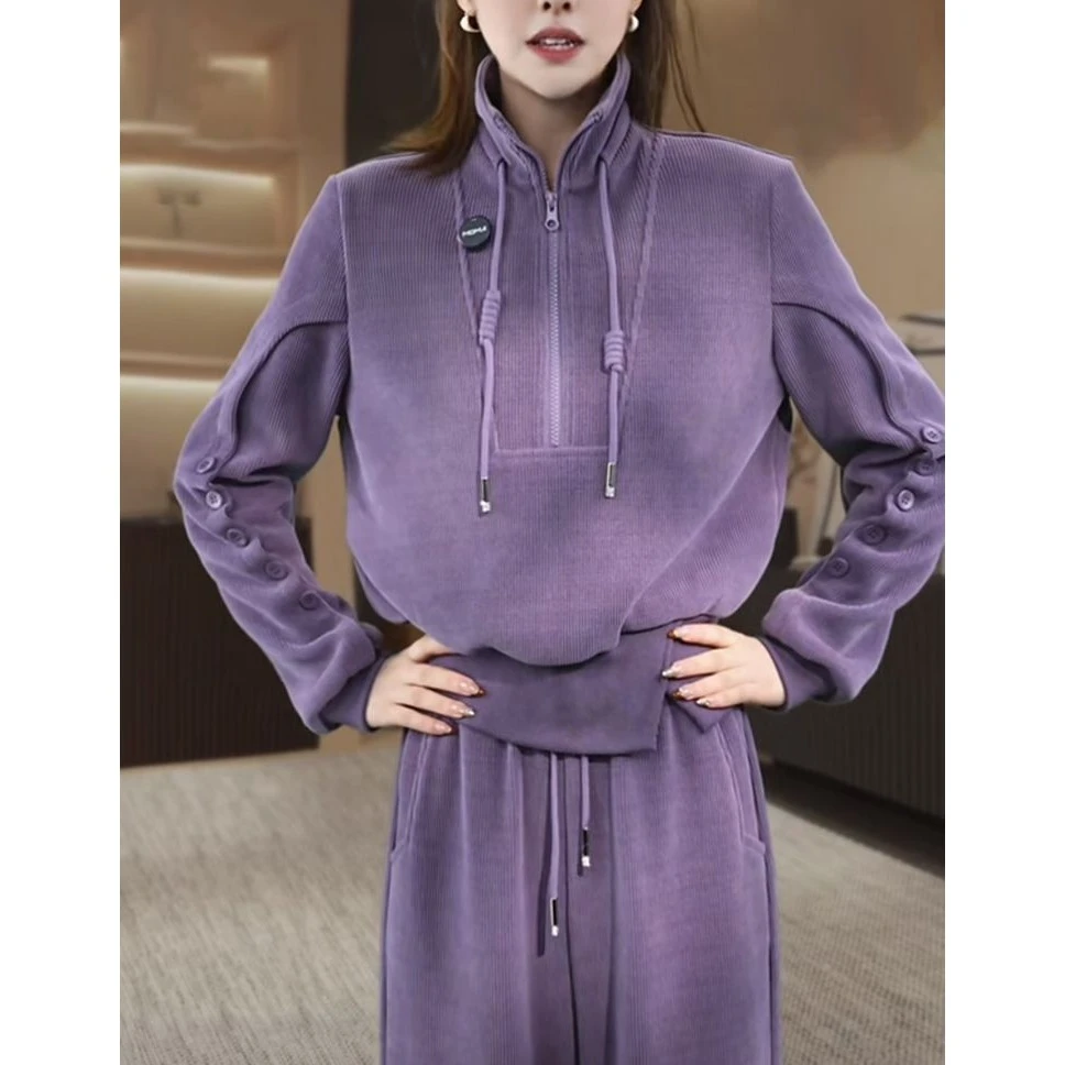 2025时尚设计感加绒紫色半拉链套头卫衣+休闲阔腿长裤两件套装潮