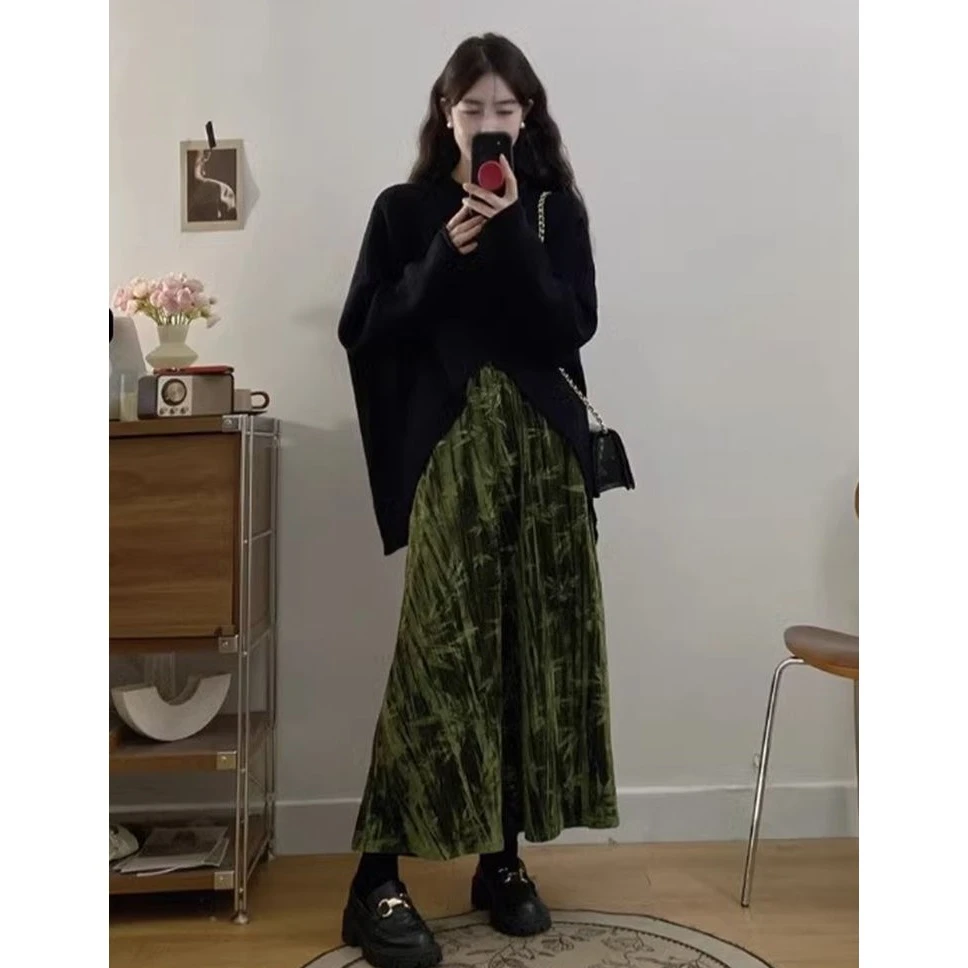 新中式国风套装女秋冬款不规则上衣胖MM遮肉显瘦高腰半身裙两件套