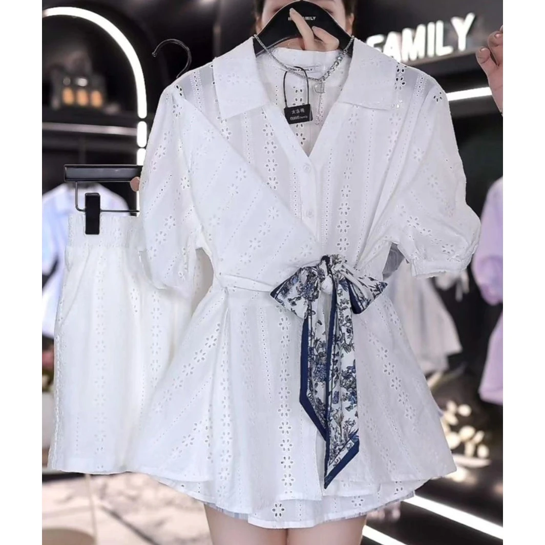 勾花镂空衬衫短裤两件套女2025夏季新款收腰显瘦独特别致小众套装