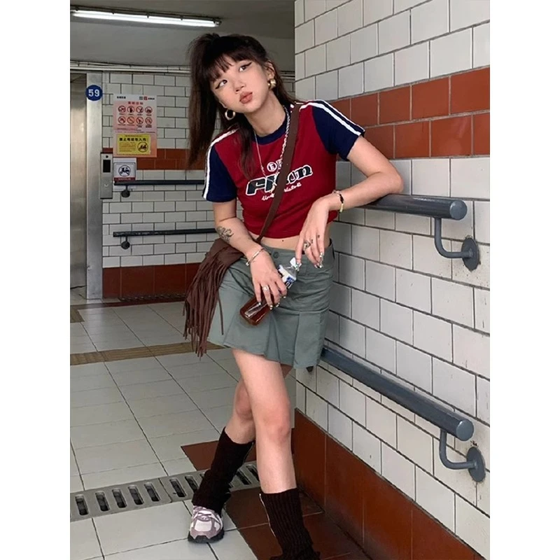 美式短款t恤女夏季新款vintage撞色拼接abg辣妹短袖甜酷正肩上衣