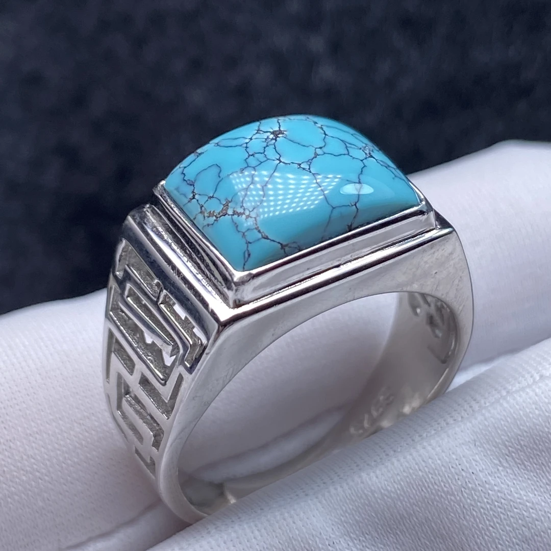 原矿高瓷绿松石水草纹男士戒指松石尺寸13.5×11.5mm款式简单时尚