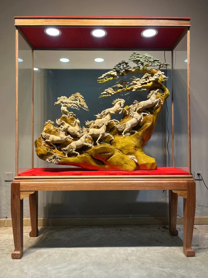 小叶金丝楠木精雕，八骏雄风，规格长146宽47高192