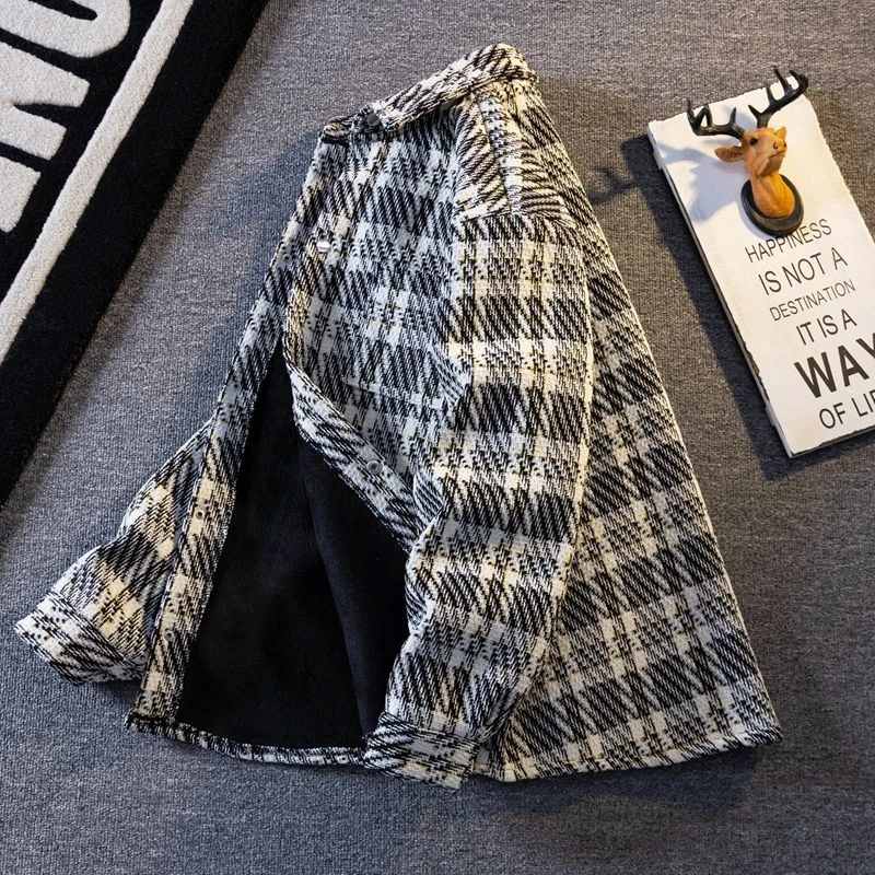 格子针织小香风外套男秋冬百搭潮流衬衫男士休闲夹克加加厚冬装