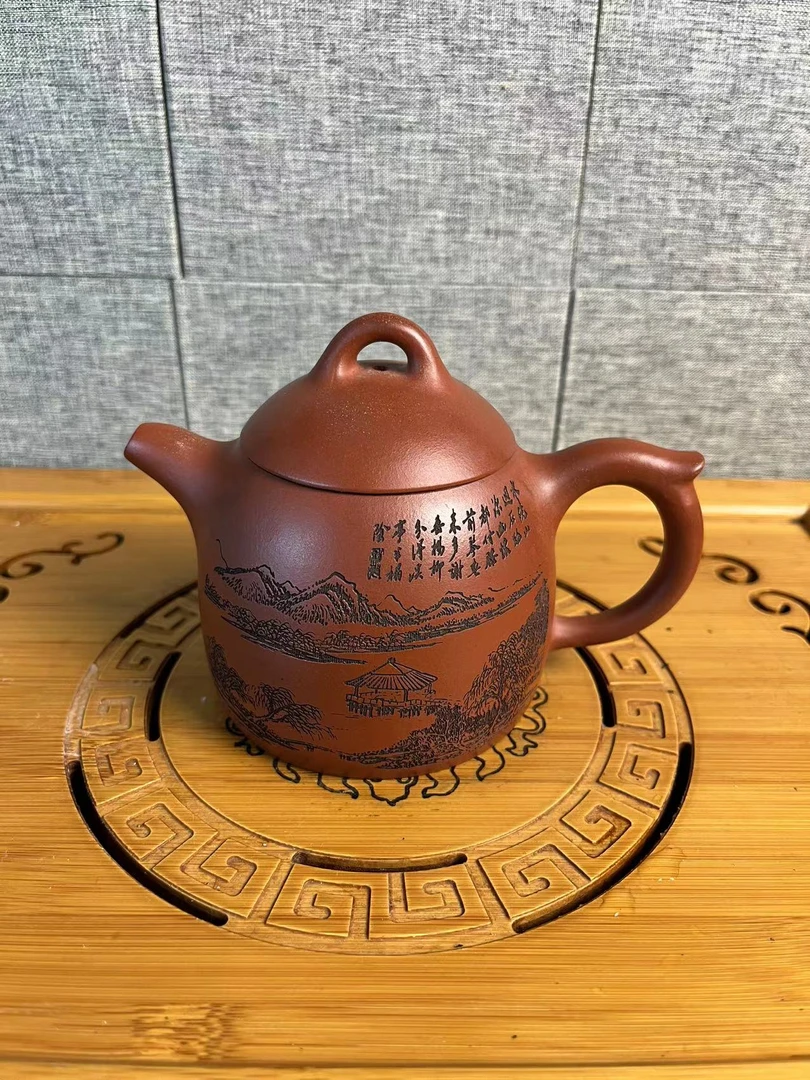 全手工红清水泥刻绘秦权茶壶