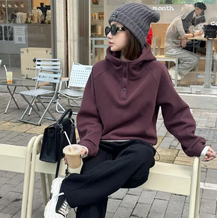 2024秋冬新款高级感连帽抽绳加绒保暖套头上衣百搭卫衣