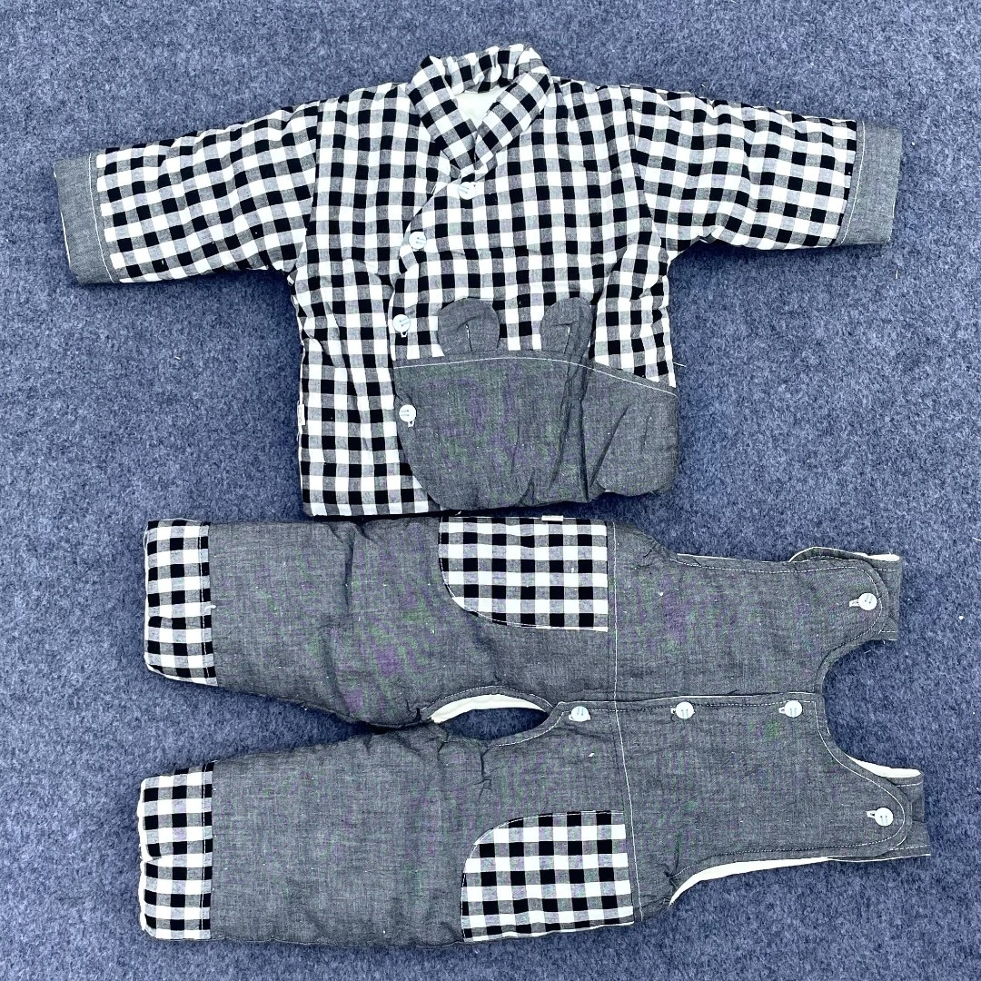 宝宝手工棉衣水洗棉面料儿童纯棉花婴儿格子套装秋冬厚款