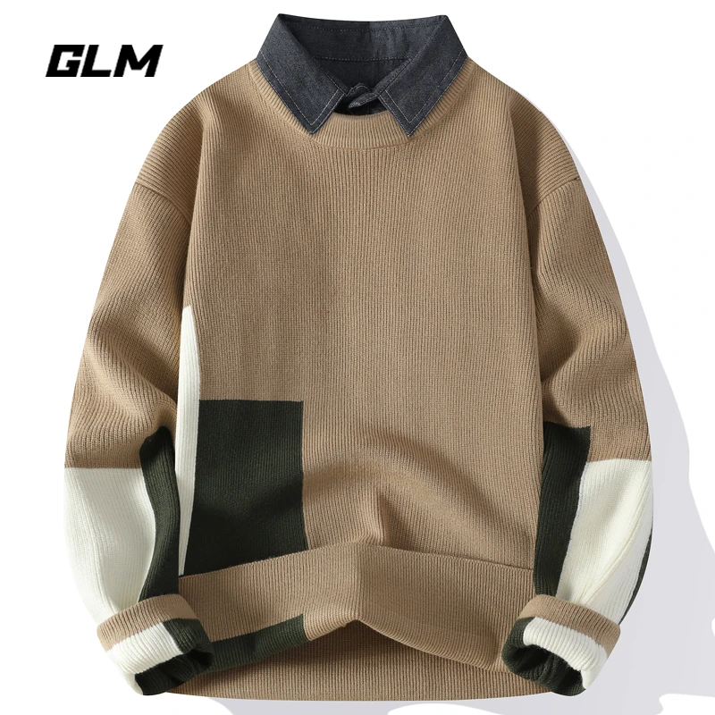 GLM假两件毛衣男秋冬季潮牌拼色衬衫领百搭青少年休闲保暖针织衫