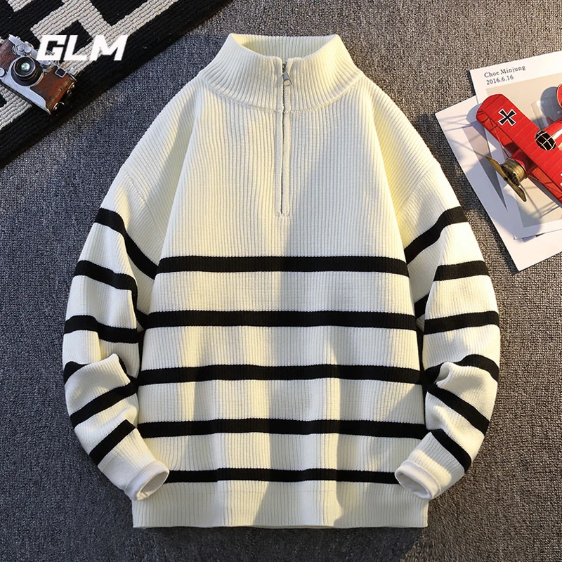 GLM半高领毛衣男秋冬季时尚条纹撞色内搭潮流青年半拉链保暖线衣
