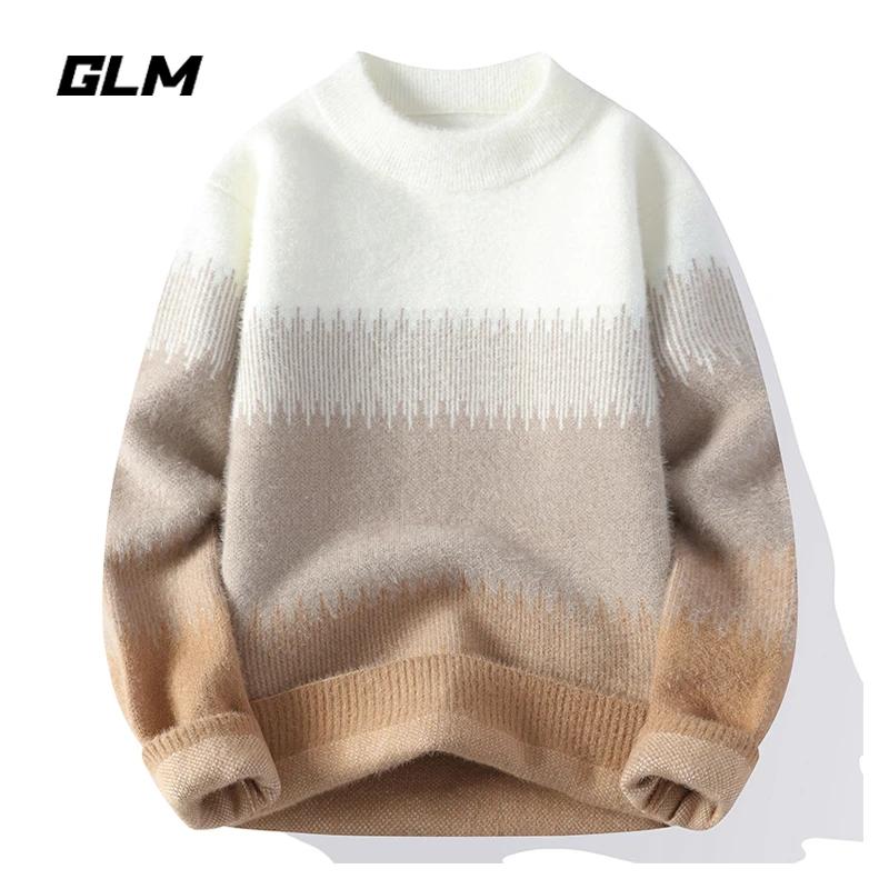 GLM圆领撞色毛衣男秋冬季百搭套头长袖半高领针织衫