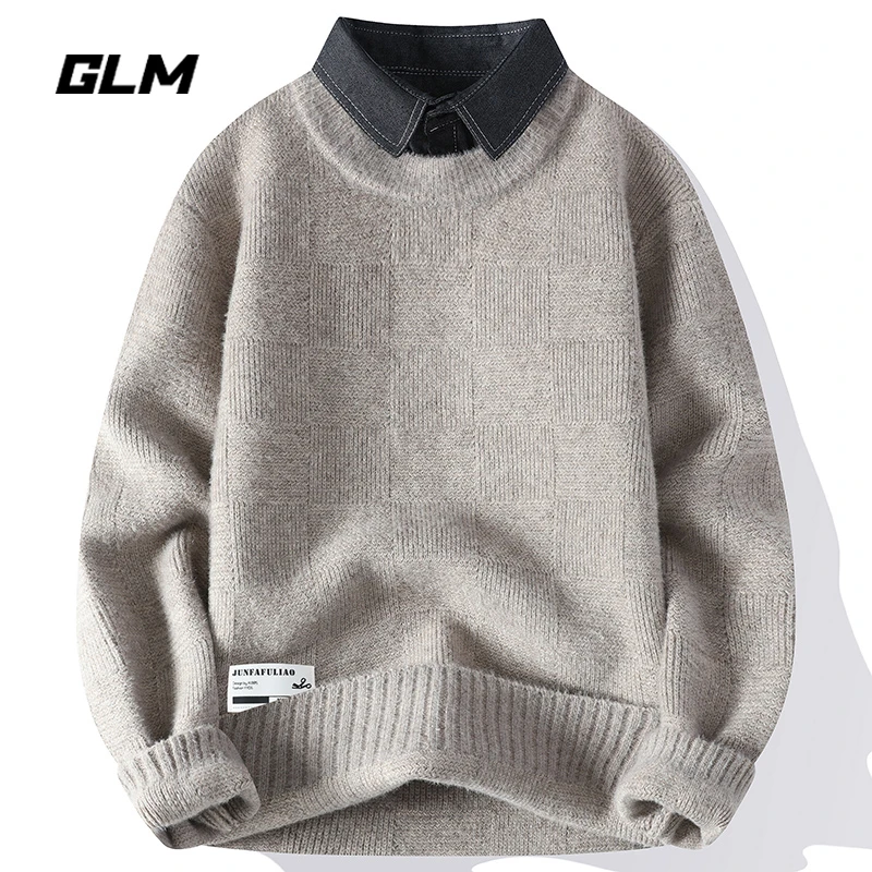 GLM纯色衬衫领毛衣男士秋冬季学生百搭保暖针织假两件套头毛衣