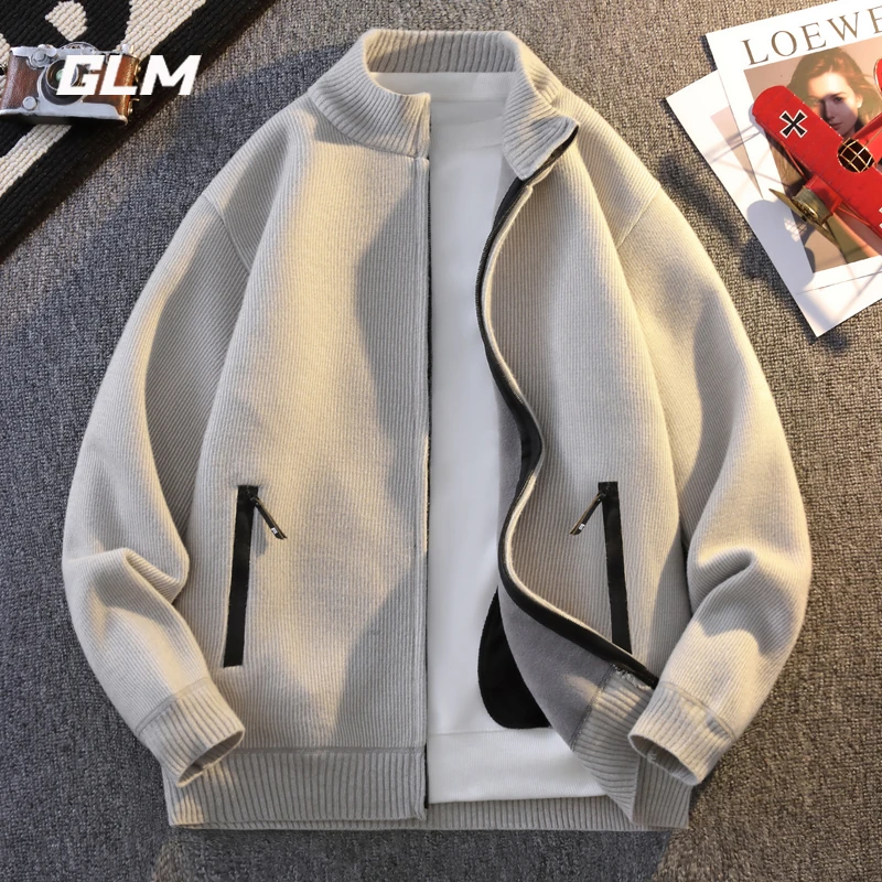 GLM毛衣外套男秋冬季潮流纯色立领拉链开衫青年加绒保暖针织衫