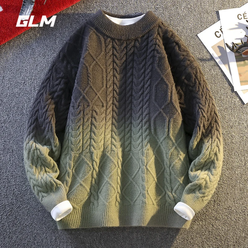 GLM渐变圆领毛衣男秋冬季美式高级感扭花内搭青少年宽松保暖线衣