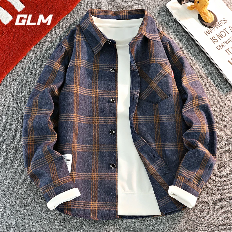 GLM港风格子衬衫男春秋季潮牌复古青少年休闲百搭含棉长袖衬衣