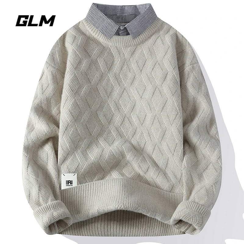 GLM衬衫领毛衣男秋冬季新款菱格提花青少年休闲保暖假两件针织衫