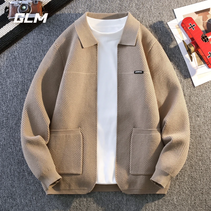 GLM翻领毛衣外套男士秋冬季新款青年高档商务纯色宽松保暖针织衫