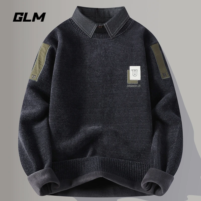 GLM假两件一体绒毛衣男冬季潮流撞色宽松青年百搭加厚保暖针织衫