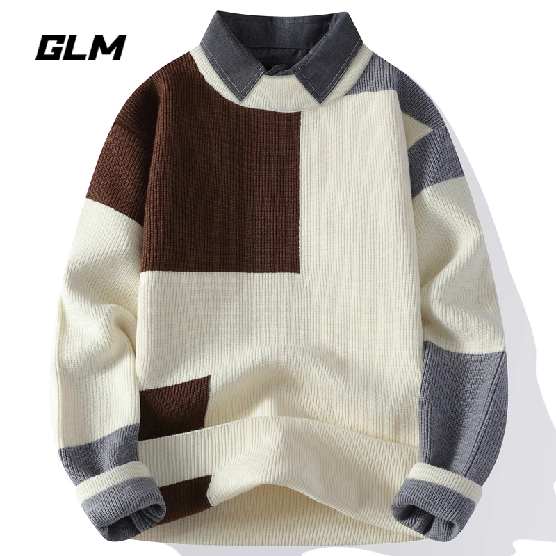 GLM假两件毛衣男士秋冬季新款潮流撞色衬衫领青年保暖百搭针织衫