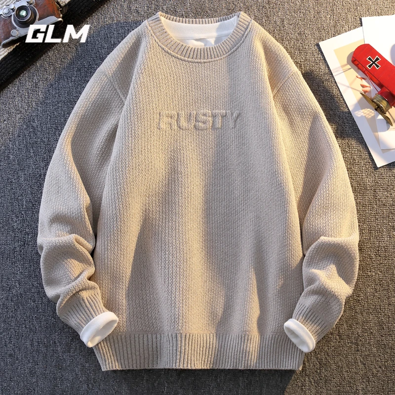 GLM圆领毛衣男冬季潮流百搭纯色提花青年加绒保暖套头一体绒毛衣