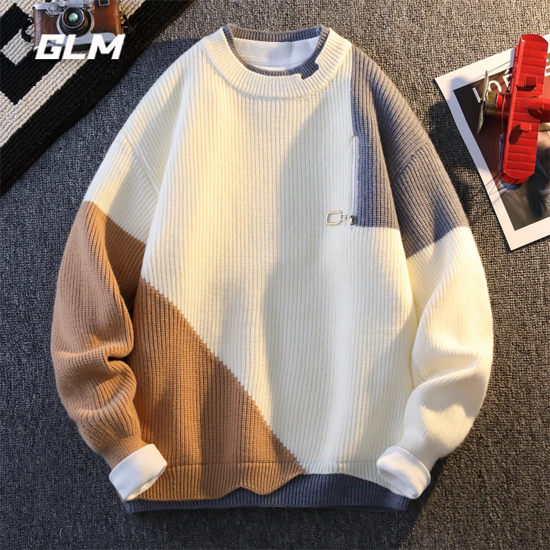 GLM假两件毛衣男秋冬季撞色拉链休闲青少年潮流拼接保暖圆领毛衣