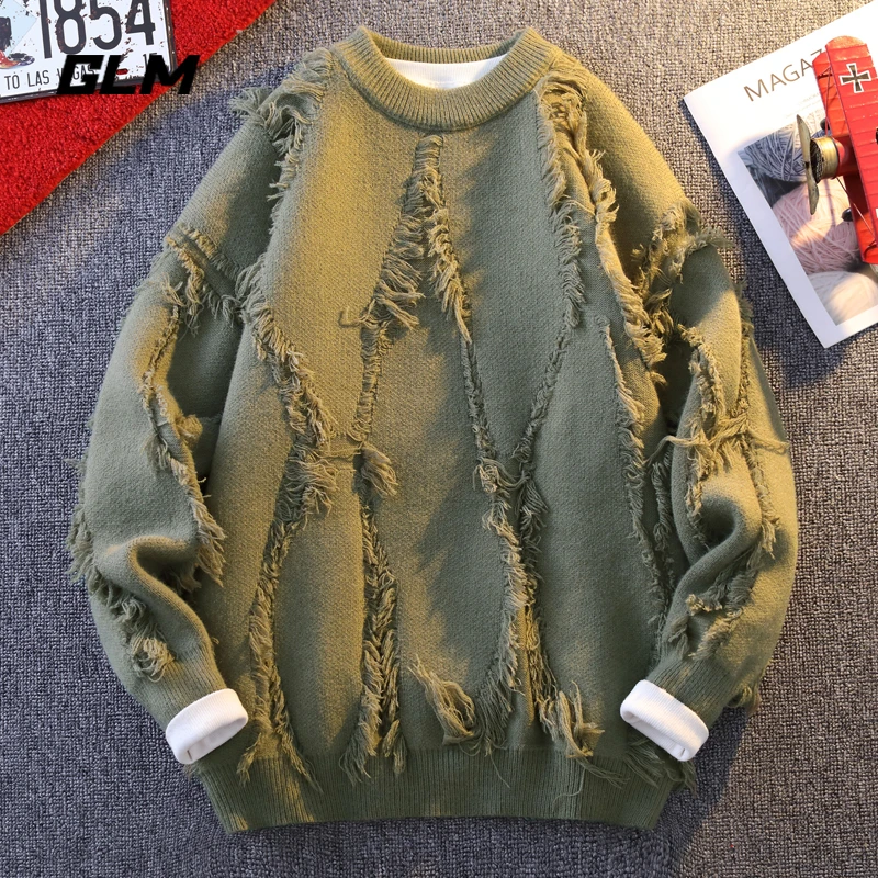 GLM圆领毛衣男秋冬季潮牌青少年休闲慵懒风流苏纯色保暖针织衫