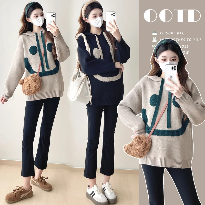 孕妇装秋冬时尚笑脸连帽长袖针织衫套头毛衣秋冬装上衣怀孕打底衫