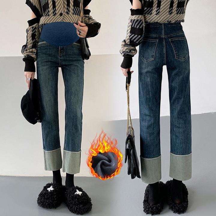 孕妇裤子秋冬款外穿卷边直筒牛仔裤冬季加绒加厚打底烟管裤秋冬装