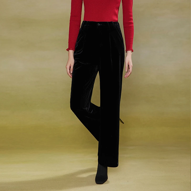 黛玛诗丝绒直筒长裤女时尚宽松显瘦高腰黑色休闲裤