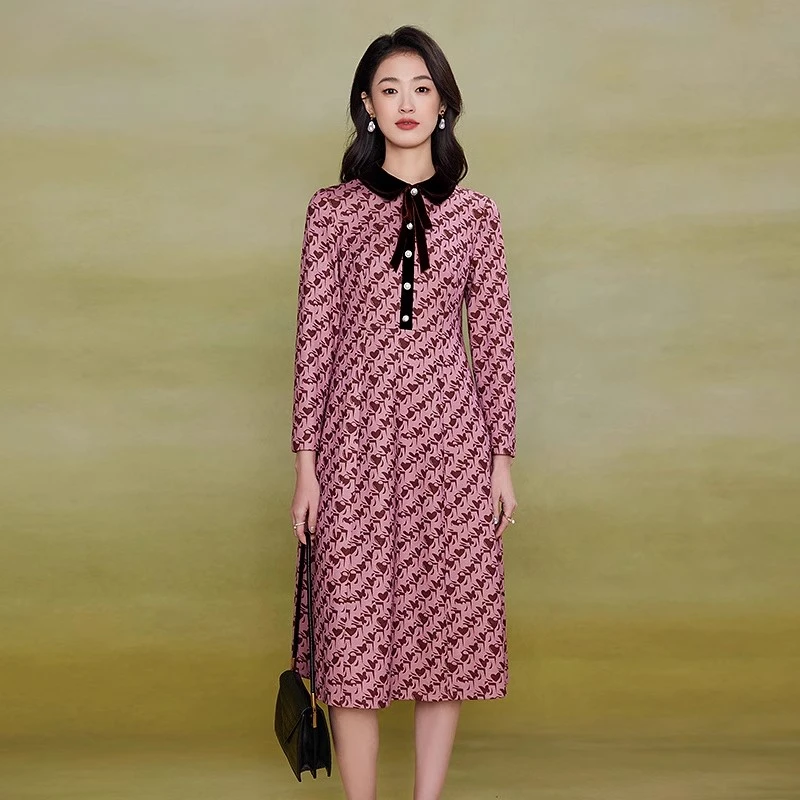 黛玛诗显瘦花裙子春季新款复古印花连衣裙女优雅A字裙中长款