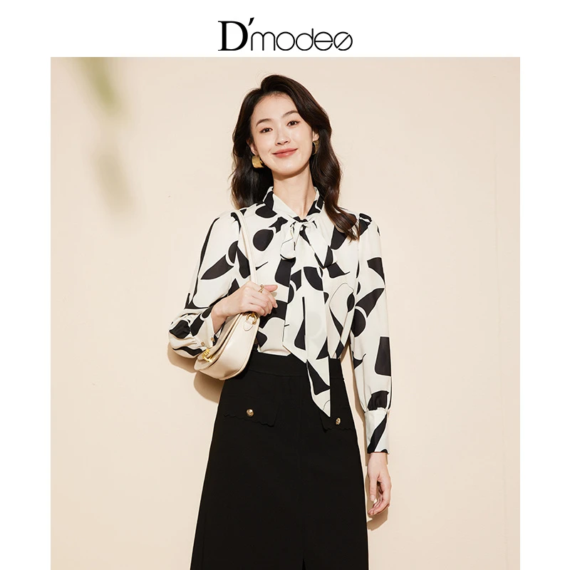黛玛诗时尚年春秋新款衬衫优雅气质系带领几何图形印花雪纺衫女