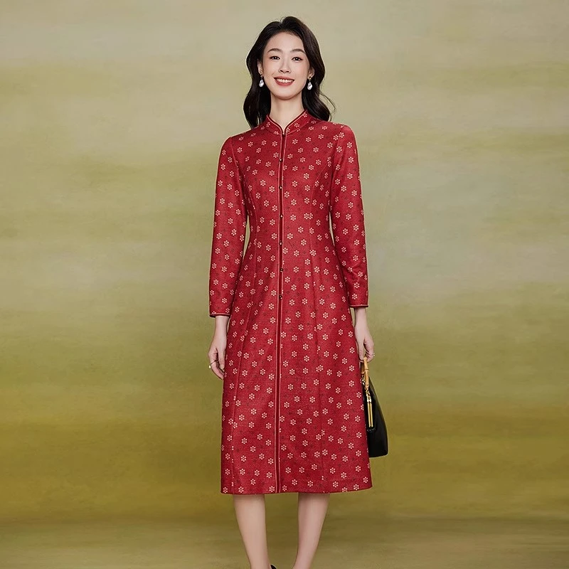 黛玛诗显瘦花裙子2024新款新中式立领对襟复古石榴红旗袍连衣裙女