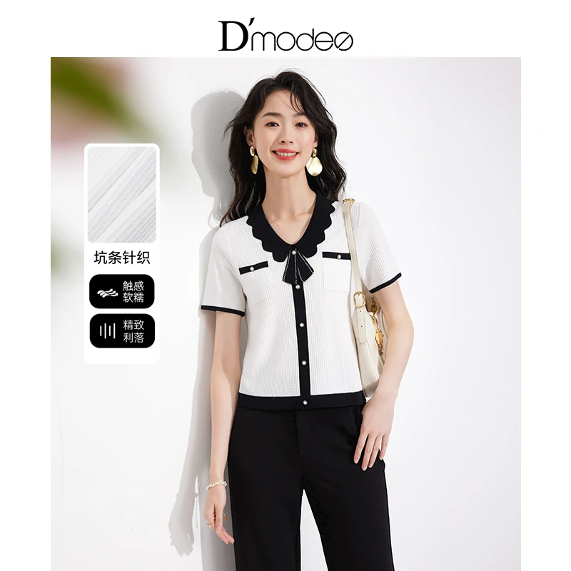 黛玛诗夏季气质花边翻领减龄百搭针织套头衫短袖女装上衣T恤