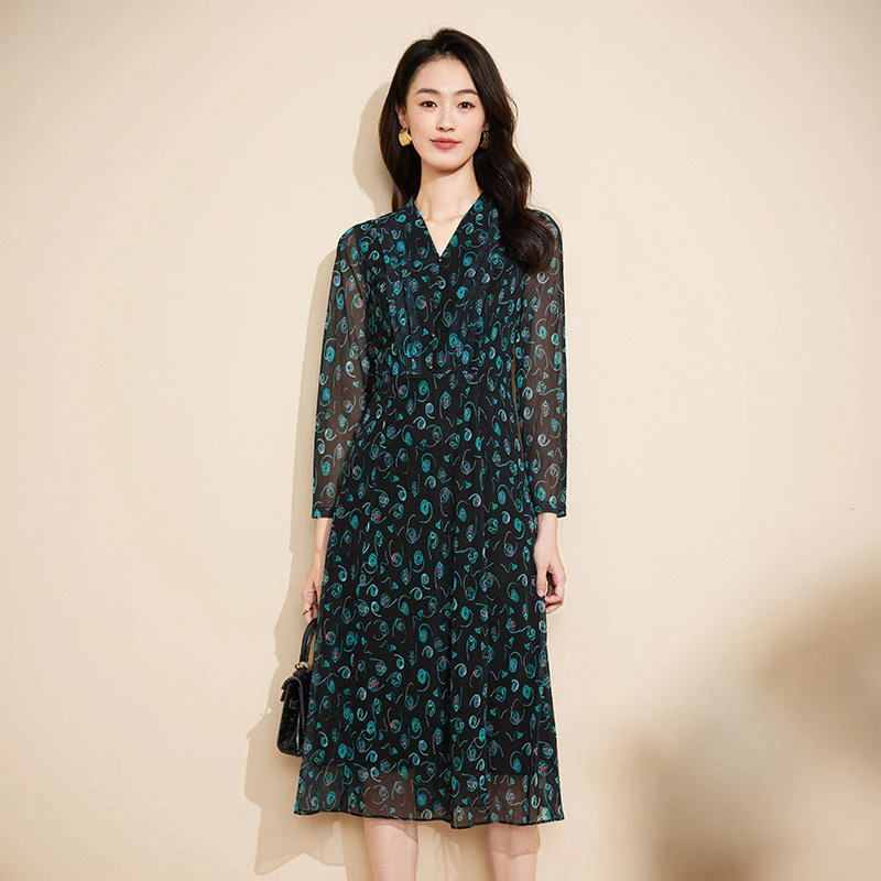 黛玛诗显瘦花裙子季新款连衣裙法式浪漫印花裙V领网纱裙女