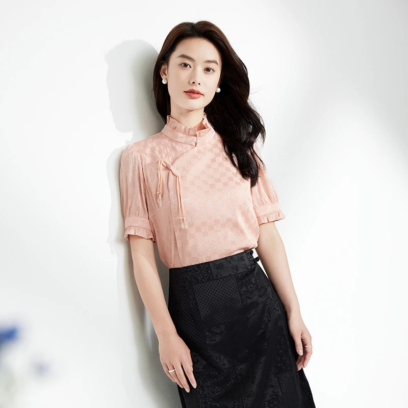 黛玛诗春长袖衬衫设计感立领提花面料套头衫通勤上衣女