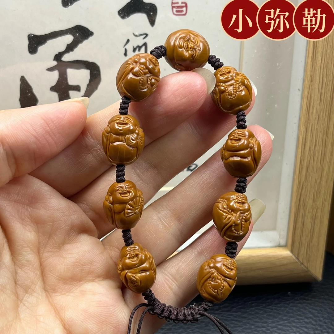 1.2小尺寸精品梅林铁核弥勒佛手工文玩手串橄榄核雕鸡血红老料开