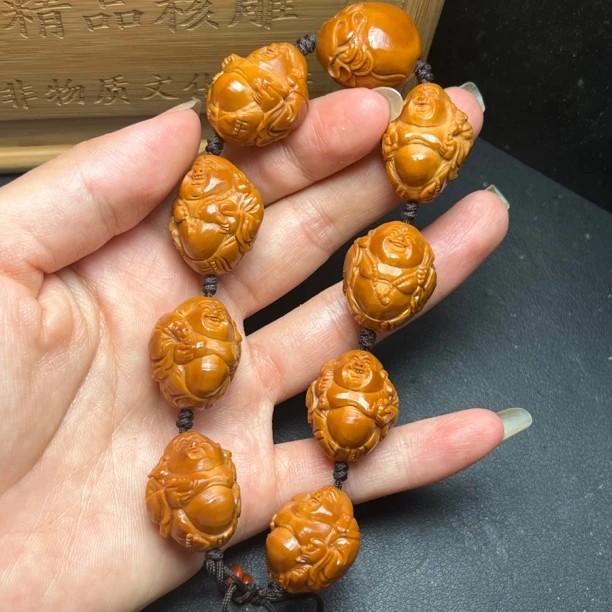 铁核老料手工留刀痕八宝弥勒橄榄核雕手工文玩手串