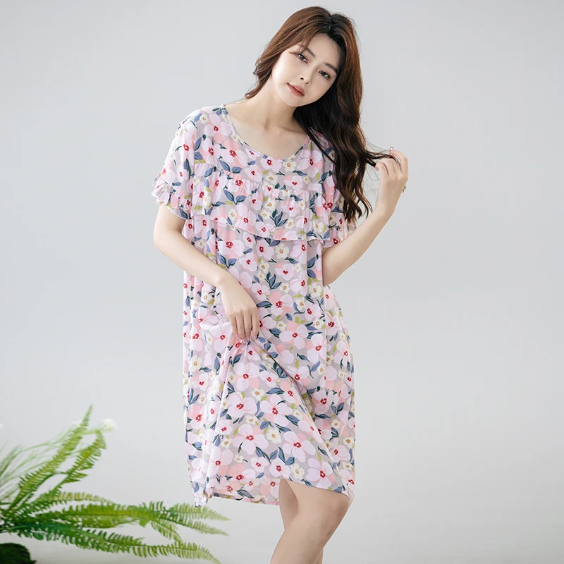 2024新款碎花时尚夏季女士宽松宽松印花绵绸居家外出穿清凉睡裙