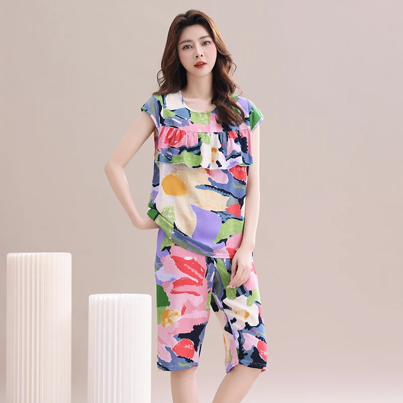 新款绵绸短袖七分裤套头睡衣夏季睡衣套装薄款人造棉棉绸宽松
