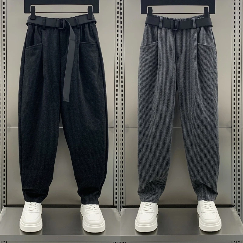 2025秋冬新款条百搭腰带纹休闲裤男潮流百搭哈伦裤宽松锥形萝卜裤