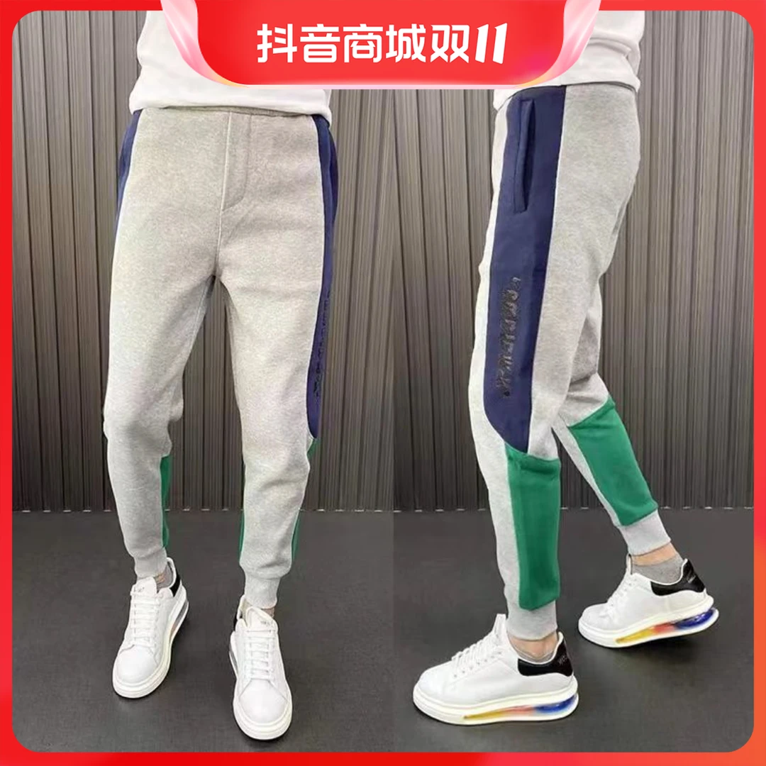 潮牌男士春秋修身拼色条纹卫裤网红个性拼接休闲运动裤百搭束脚裤