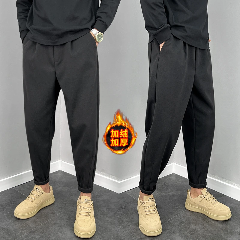 毛呢裤子男秋冬加绒休闲裤时尚百搭潮流小脚哈伦裤宽松垂感西装裤